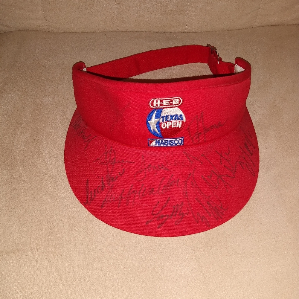 Vintage Autographed Players Texas Open Red  Cotton poly Golf Sun Visor